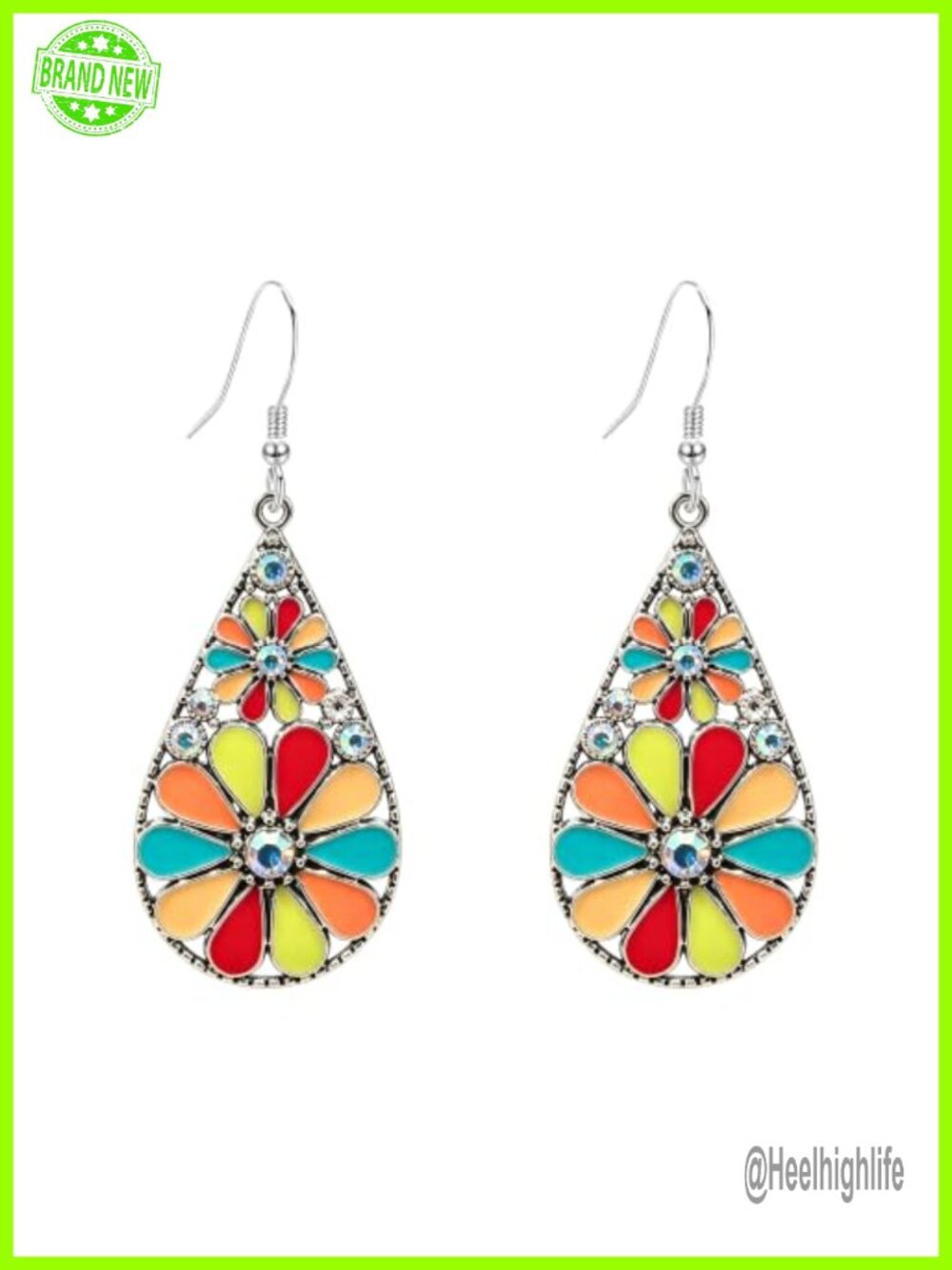 Boho Vintage Flower Enamel Teardrop Drop Dangle Earrings